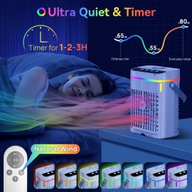 Mini ventilador de ar condicionado portátil, com controlo remoto, velocidade ajustável e temporizador, humidificador refrigerado a água, luz ambiente, arrefecimento, humidificação, fornecimento de ar, tipo evaporativo de secretária pessoal, ar condicionad