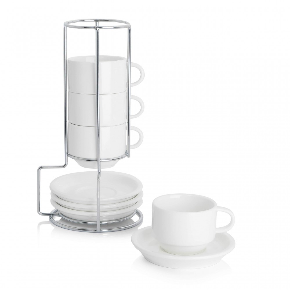Conjunto de 4 Copos de Espresso Empilháveis de Porcelana Sweese de 2.5 Onças com Pires e Suporte Metálico