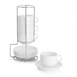 Conjunto de 4 Copos de Espresso Empilháveis de Porcelana Sweese de 2.5 Onças com Pires e Suporte Metálico