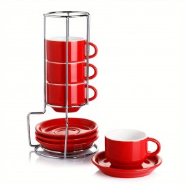 Conjunto de 4 Copos de Espresso Empilháveis de Porcelana Sweese de 2.5 Onças com Pires e Suporte Metálico