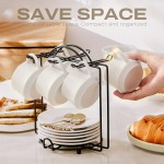 Conjunto de 6 Pequenas Xícaras de Café Cappuccino de Cerâmica de 4oz, Xícaras de Espresso com Pires, Colheres e Suporte de Metal, Xícaras Demitasse Fofas com Alça para Lungo, Espresso Duplo, Cortado (Branco)