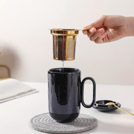Xícara de Chá de Cerâmica Caneca Infusor - VICRAYS Grande 16 Oz Quente Folha Infusor Colher Tampinha Xícara Com Peneira - Azul Alto Esmaltado Caneca de Café Seguro para Micro-ondas - Azul