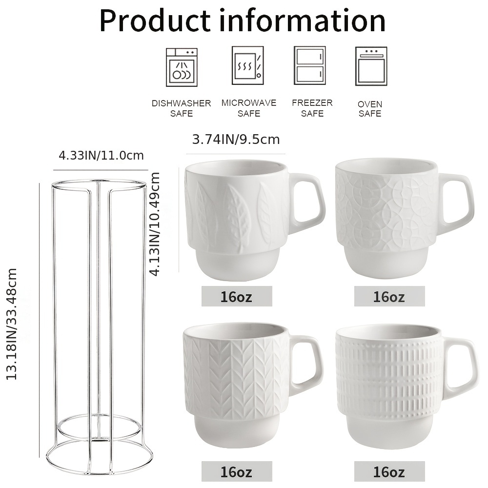 Conjunto de Canecas de Café em Cerâmica KOOV com Suporte, Caneca de 16oz para Café, Chá, Cacau, Conjunto Empilhável de 4 Canecas de Café em Cerâmica, Grande Conjunto de 4 Canecas de Café, Grandes Canecas de Café para Mulheres e Homens (Branco)