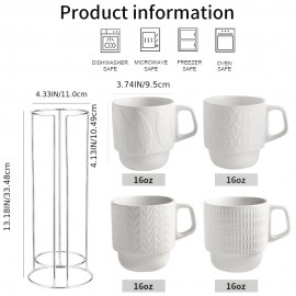 Conjunto de Canecas de Café em Cerâmica KOOV com Suporte, Caneca de 16oz para Café, Chá, Cacau, Conjunto Empilhável de 4 Canecas de Café em Cerâmica, Grande Conjunto de 4 Canecas de Café, Grandes Canecas de Café para Mulheres e Homens (Branco)