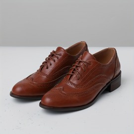 Botas de Oxford Femininas com Brogues, Cadarço Vintage, Bico Redondo, Sapatos Planos Formais para Negócios e Uso Casual, Salto Baixo Robusto, Para Todas as Estações