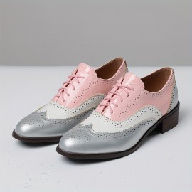Botas de Oxford Femininas com Brogues, Cadarço Vintage, Bico Redondo, Sapatos Planos Formais para Negócios e Uso Casual, Salto Baixo Robusto, Para Todas as Estações