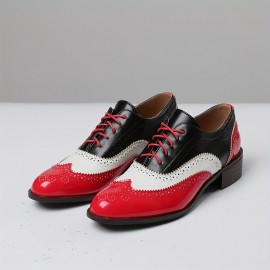 Botas de Oxford Femininas com Brogues, Cadarço Vintage, Bico Redondo, Sapatos Planos Formais para Negócios e Uso Casual, Salto Baixo Robusto, Para Todas as Estações