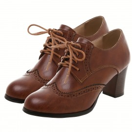 Sapatos Oxford Femininos Marrons Com Biqueira Redonda, Cadarço E Salto Alto, Estilo Vintage, Com Biqueira Redonda E Salto Alto