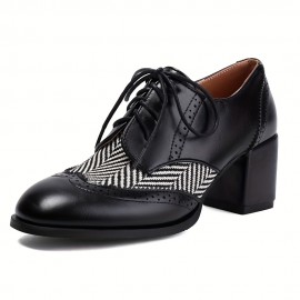 Sapatos de mulher retro com biqueira pontiaguda, detalhes de herringbone e perfurações, fecho de atacadores, salto médio, para uso no escritório, eventos formais e uso diário.