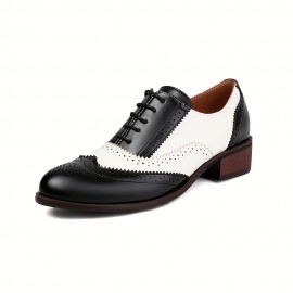 Mulheres - Sapatilhas Oxford Vintage com Cadarço e Detalhes de Brogue, Bico Fino em PU, Sol Confortável para Uso Casual ou Formal, Pretas e Brancas, Calçados Duráveis e Respiráveis, Sapatos Versáteis, Design Clássico, Ideal para Compradores Fashion