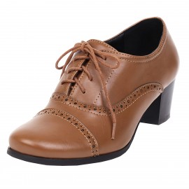 Sapatos de senhora com biqueira perfurada, atacadores de renda, salto médio, estilo vintage, salto bloco, sapatos de trabalho, vestidos