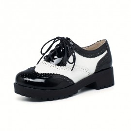 Botas Oxford de Salto Grosso com Cadarço e Bico Redondo - Preto e Branco Contrastante, Sola Sintética e de Borracha, Sapatos Casuais Confortáveis para Escritório, Casamentos, Uso Diário, Calçado Versátil, Brogue Clássico, Solas Resistentes, Profissionais 