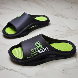 Chinelos Leves de PVC Antiderrapantes para Homens - Conforto Sem Odor como Nuvem, Duráveis para Todas as Estações Interna/Externa com Design de Letras, Preto & Verde Neon, Sandálias para Pés Largos, Calçado Elegante e Respirável