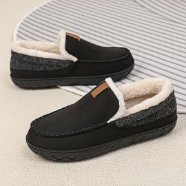 Chinelos confortáveis para homem com forro de peluche e detalhes bordados - Parte superior de tecido forrado com lã quente, sola de EVA para conforto interior - Estilo retro clássico para outono/inverno, chinelos confortáveis para interior | Chinelos slip