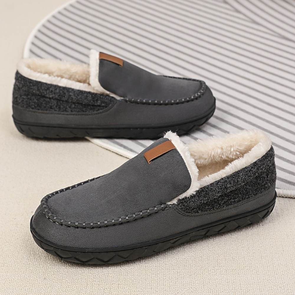 Chinelos confortáveis para homem com forro de peluche e detalhes bordados - Parte superior de tecido forrado com lã quente, sola de EVA para conforto interior - Estilo retro clássico para outono/inverno, chinelos confortáveis para interior | Chinelos slip