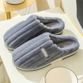 TZ-2617 Chinelos de homem com letras bordadas, em tecido listrado casual para uso interno, com biqueira redonda, sola de TPR, confortáveis e planos para todas as estações - Estilo inglês
