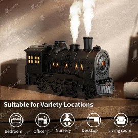 Diffusor de Óleos Essenciais, Difusor em Forma de Trem de 10.14oz para Grandes Salas com Óleos Essenciais, Difusor de Aromaterapia com Névoa Fresca e Umidificador com 2 Modos de Luz e Névoa e Desligamento Automático para Casa, Escritório ou Hotel Preto