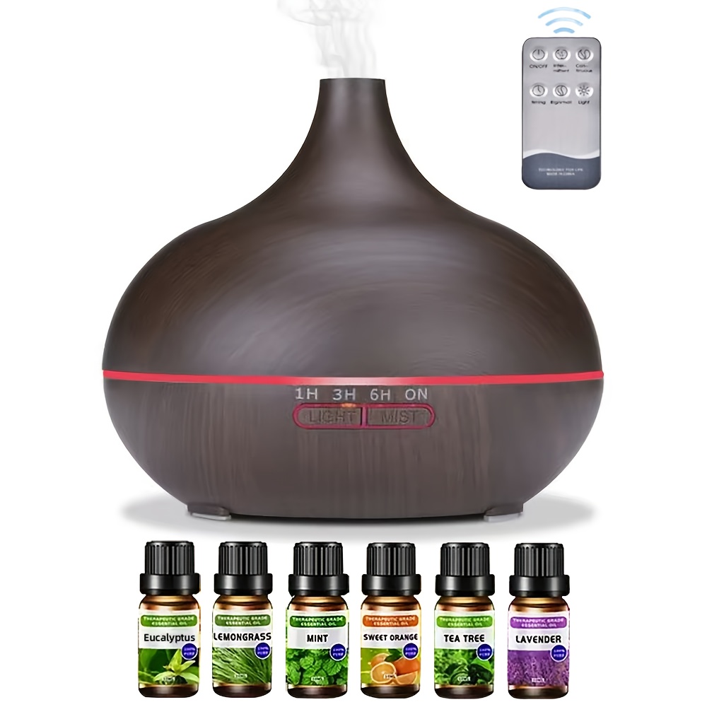 18.6oz Aromaterapia Óleo Essencial Difusor Grão De Madeira Controle Remoto Umidificador De Ar Ultrassônico Fresco 7 Cores Luz LED Com 6 Óleos