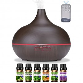 18.6oz Aromaterapia Óleo Essencial Difusor Grão De Madeira Controle Remoto Umidificador De Ar Ultrassônico Fresco 7 Cores Luz LED Com 6 Óleos