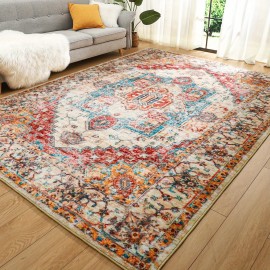 Tapete vintage lavável de baixa pilha LOCHAS, tapete interior com estampa floral antiderrapante para sala de estar, tapetes de acréscimo de piso sem derramamento para quarto, sala de jantar, decoração de escritório em casa, azul, vermelho, laranja, preto,