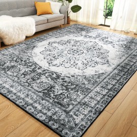 Tapete vintage lavável de baixa pilha LOCHAS, tapete interior com estampa floral antiderrapante para sala de estar, tapetes de acréscimo de piso sem derramamento para quarto, sala de jantar, decoração de escritório em casa, azul, vermelho, laranja, preto,