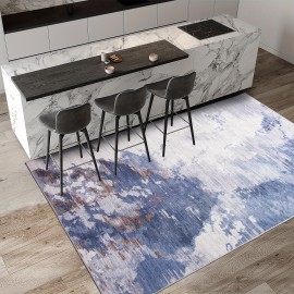 Tapete Antiderrapante Lavável à Máquina - Design Tribal Abstrato Bohemio em Azul e Branco, Mistura Durável de TPR & Poliéster, Tamanhos Grandes até 2.16m² para Sala de Estar, Quarto, Escritório, Entrada da Varanda Decoração de Casa, Tapete Lavável