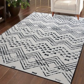 Tapete Bohemio Lavável à Máquina - Estampa Geométrica Vintage Retro com Base Antiderrapante TPR, Ultra Macio e Pet-Friendly para Sala, Quarto, Escritório ou Varanda - Decoração Casa Azul Marinho e Branco, Tapete Extra Grande, Design Moderno Boho, Construç