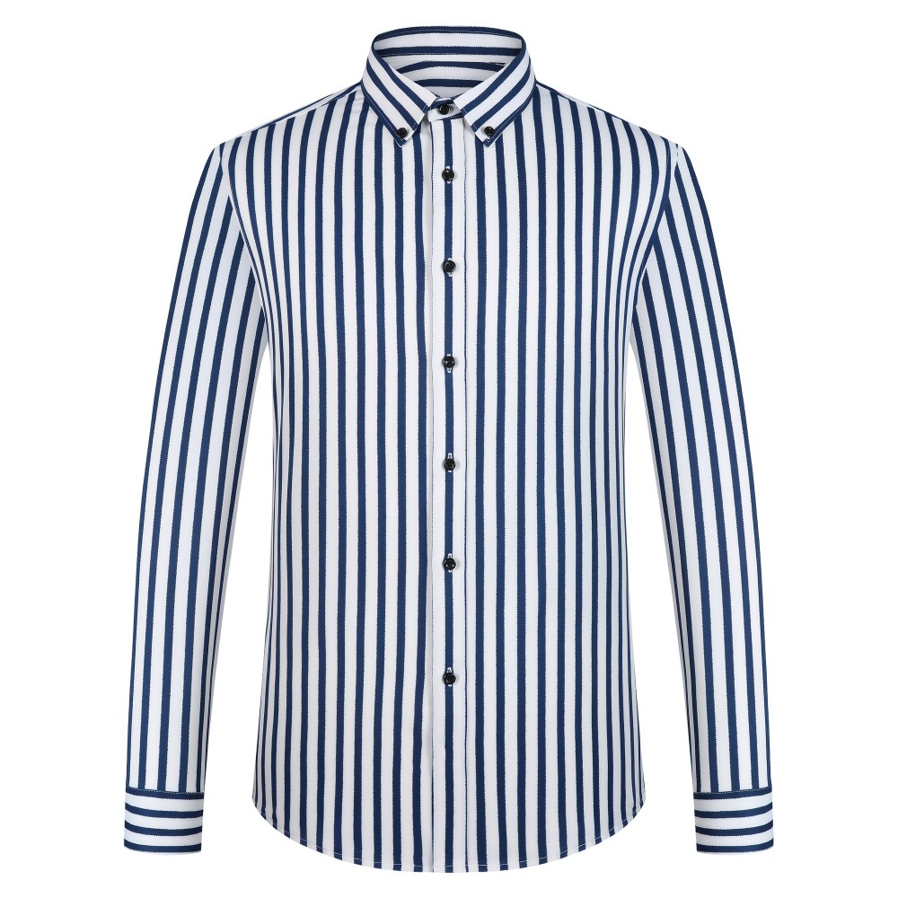 Camisa de botão de manga comprida com estampa azul e branca para homem - Elegante e casual, mistura de poliéster macio, fácil de cuidar (lavar à mão ou limpeza a seco), gola clássica, perfeita para negócios ou ocasiões sociais