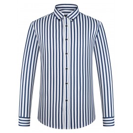Camisa de botão de manga comprida com estampa azul e branca para homem - Elegante e casual, mistura de poliéster macio, fácil de cuidar (lavar à mão ou limpeza a seco), gola clássica, perfeita para negócios ou ocasiões sociais