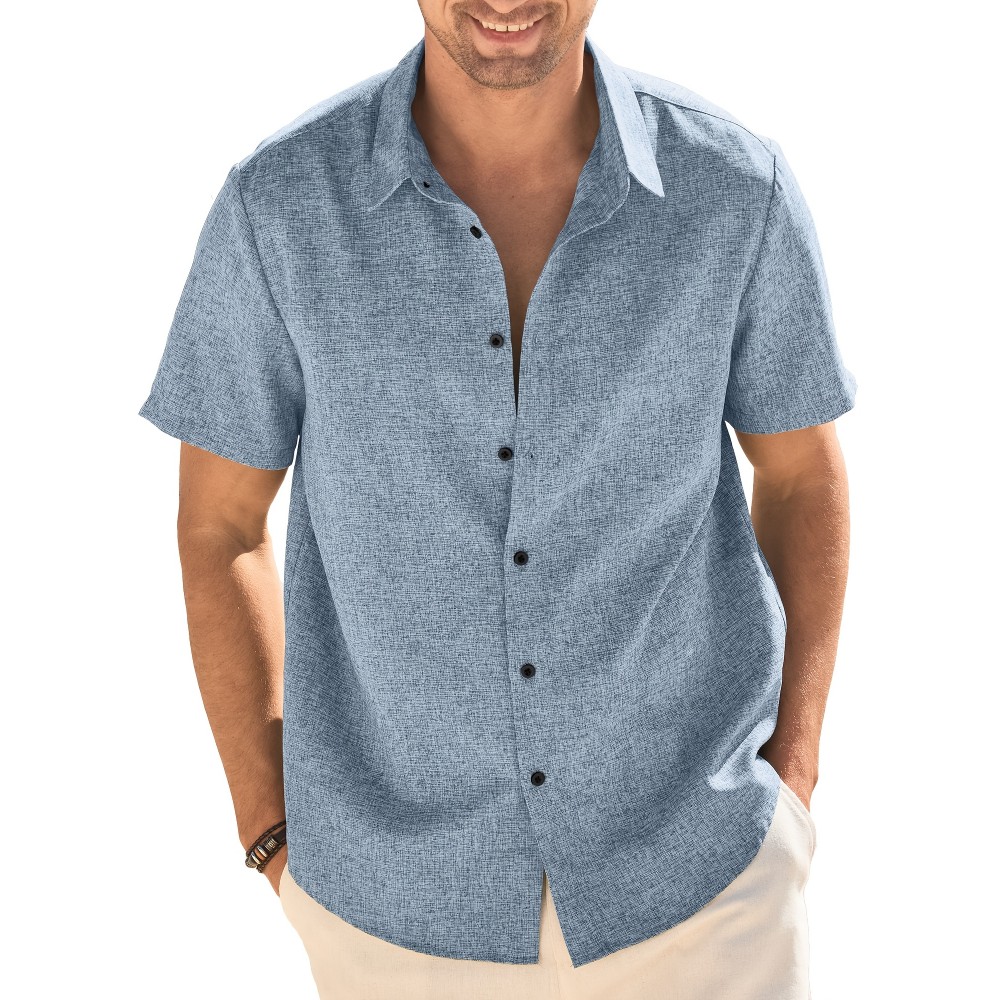Camisa Masculina Casual de Manga Curta para Verão, Camisa de Linho para Praia e Férias