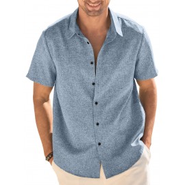 Camisa Masculina Casual de Manga Curta para Verão, Camisa de Linho para Praia e Férias