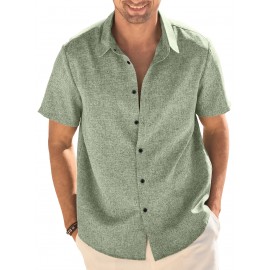 Camisa Masculina Casual de Manga Curta para Verão, Camisa de Linho para Praia e Férias