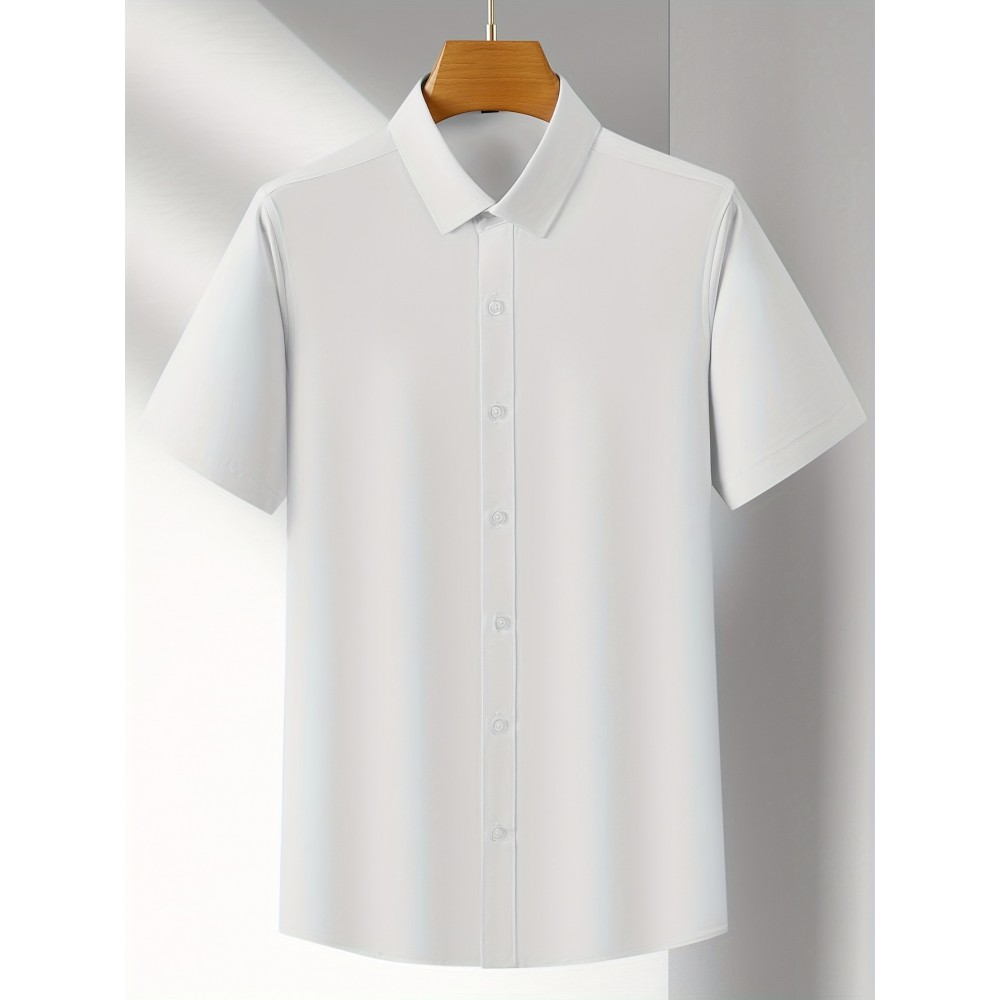 Camisa Casual Masculina para Negócios - Manga Curta Leve de Verão com Gola Clássica, Ajuste Regular e Cor Sólida, Tecido Durável Lavável à Máquina para Escritório & Uso Formal, Roupa Versátil, Abotoadura, Material Não Transparente