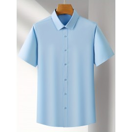 Camisa Casual Masculina para Negócios - Manga Curta Leve de Verão com Gola Clássica, Ajuste Regular e Cor Sólida, Tecido Durável Lavável à Máquina para Escritório & Uso Formal, Roupa Versátil, Abotoadura, Material Não Transparente