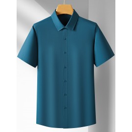 Camisa Casual Masculina para Negócios - Manga Curta Leve de Verão com Gola Clássica, Ajuste Regular e Cor Sólida, Tecido Durável Lavável à Máquina para Escritório & Uso Formal, Roupa Versátil, Abotoadura, Material Não Transparente
