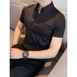 Camisa Casual Masculina de Verão Listrada - Manga Curta Leve com Botões, Listras Vermelhas e Brancas, Corte Regular, 95% Poliéster 5% Elastano, Tecido Respirável 119gsm, Lavável à Máquina para Escritório e Uso Semi-Formal, Gola Clássica, Conforto Elástico