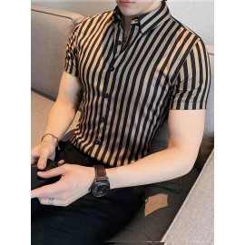 Camisa Casual Masculina de Verão Listrada - Manga Curta Leve com Botões, Listras Vermelhas e Brancas, Corte Regular, 95% Poliéster 5% Elastano, Tecido Respirável 119gsm, Lavável à Máquina para Escritório e Uso Semi-Formal, Gola Clássica, Conforto Elástico