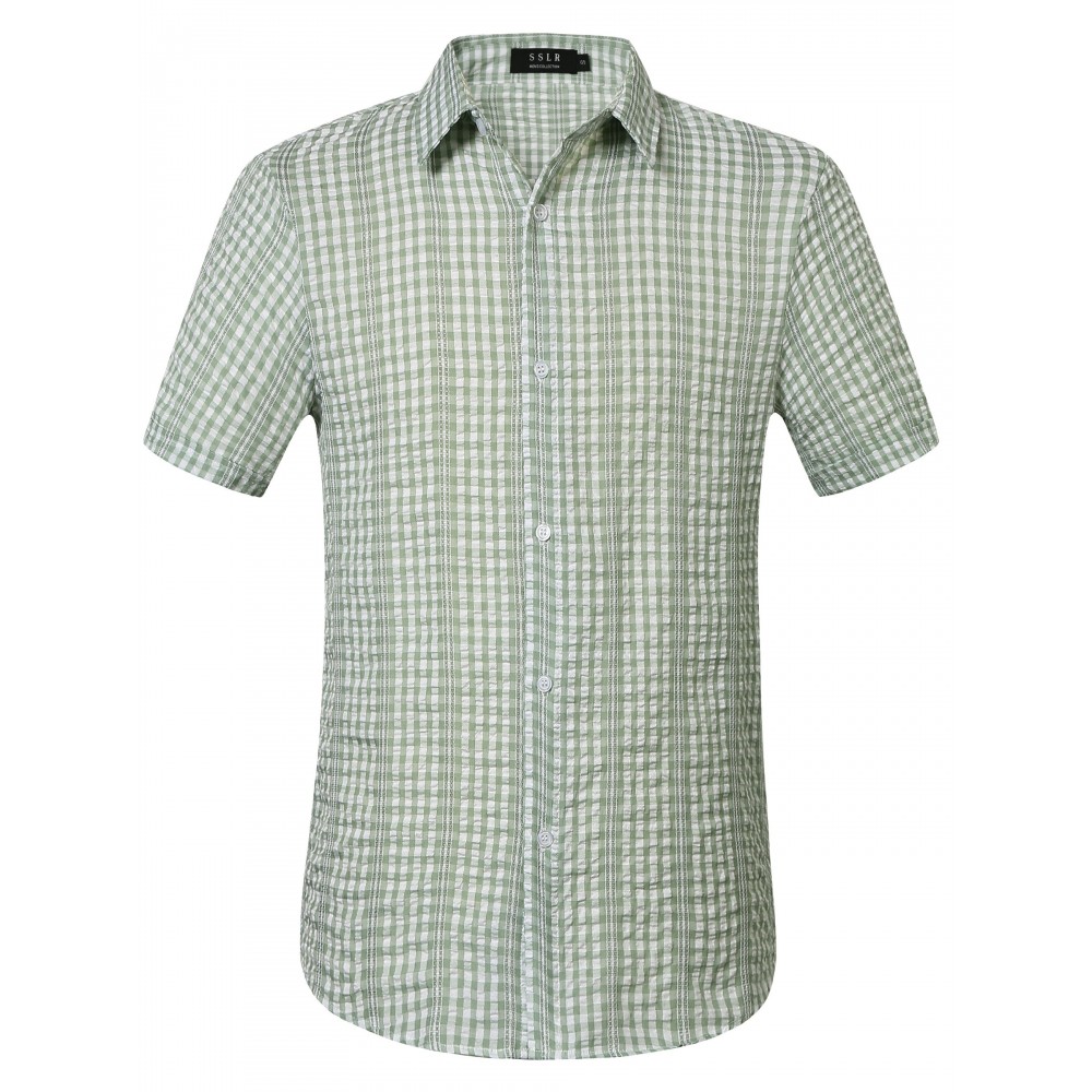 Camisas de vestir masculinas, camisas de botão de manga curta, camisas listradas e xadrez casuais, camisas de vestir