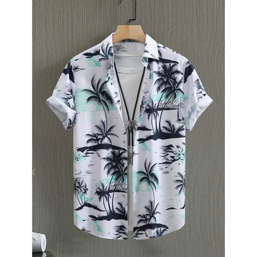 Camisa casual de verão para homem - Estampa de palmeira tropical, ajuste solto, manga curta, botões, tecido respirável com design de controlo de barriga, lavável à máquina, adequada para férias na praia e saídas casuais, estilo confortável, impressão esse