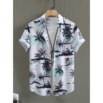 Camisa casual de verão para homem - Estampa de palmeira tropical, ajuste solto, manga curta, botões, tecido respirável com design de controlo de barriga, lavável à máquina, adequada para férias na praia e saídas casuais, estilo confortável, impressão esse