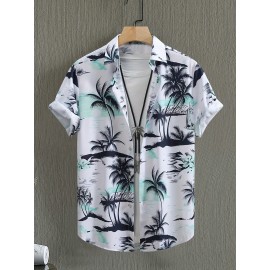 Camisa casual de verão para homem - Estampa de palmeira tropical, ajuste solto, manga curta, botões, tecido respirável com design de controlo de barriga, lavável à máquina, adequada para férias na praia e saídas casuais, estilo confortável, impressão esse