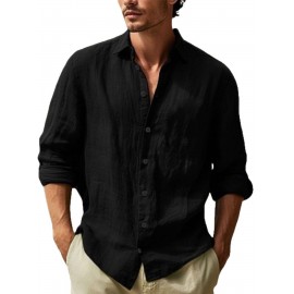 Coleção de Verão | Camisa de Manga Comprida com Gola em Ponto de Cor Sólida para Homens de Estilo Contemporâneo Euro-Americano