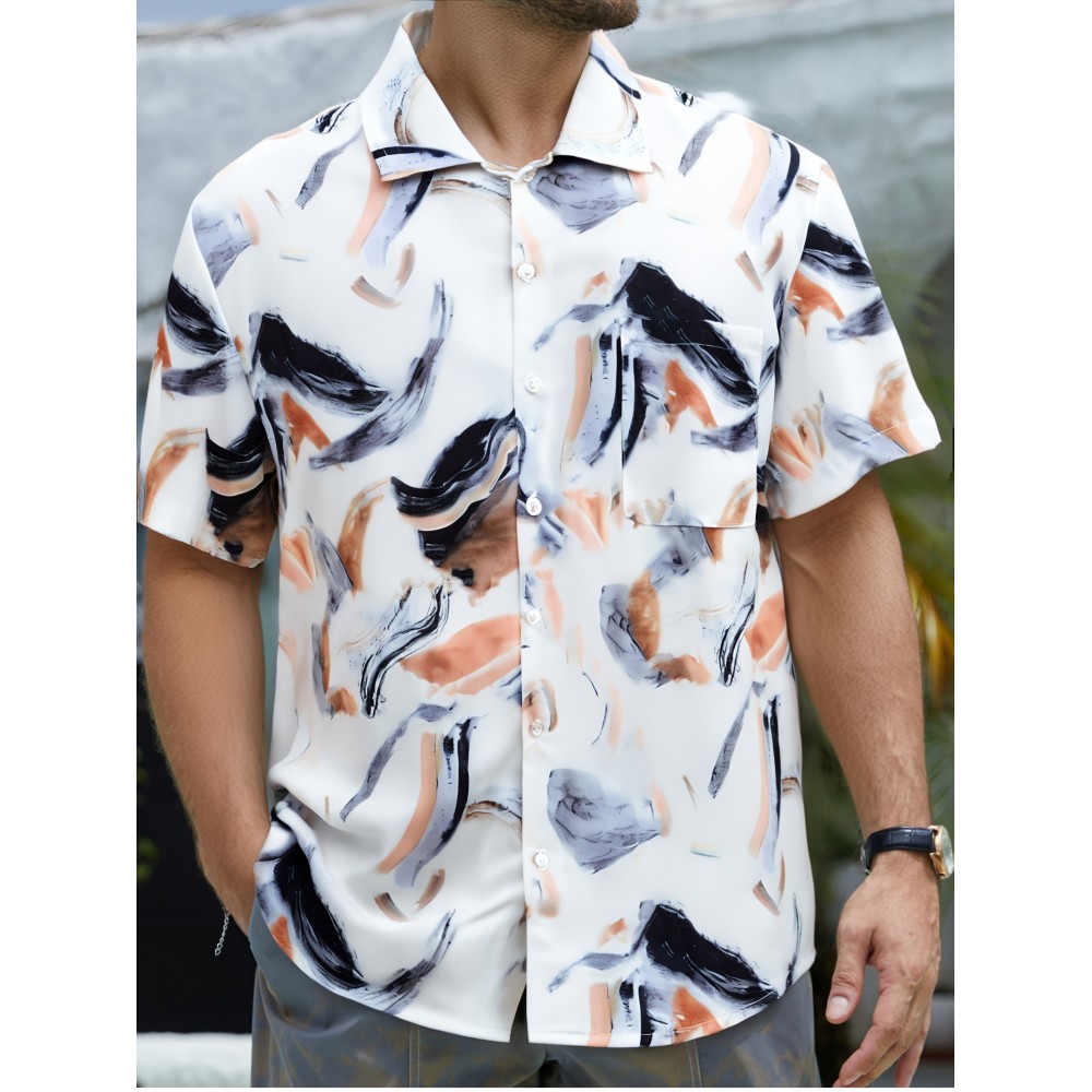 Nova camisa de manga curta bege para homem, com estampa de tinta, botões de bolso, top casual de verão