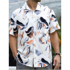 Nova camisa de manga curta bege para homem, com estampa de tinta, botões de bolso, top casual de verão