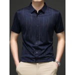 Camisa Masculina de Manga Curta Estampada para o Verão - Estilo Casual Executivo, Tecido Leve e Respirável com Listras Verticais, Gola Pontuda Clássica & Punho com Um Botão, Corte Regular para Escritório e Passeios, Camisas Fofas para o Verão, Tecido Não 