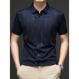 Camisa Masculina de Manga Curta Estampada para o Verão - Estilo Casual Executivo, Tecido Leve e Respirável com Listras Verticais, Gola Pontuda Clássica & Punho com Um Botão, Corte Regular para Escritório e Passeios, Camisas Fofas para o Verão, Tecido Não 
