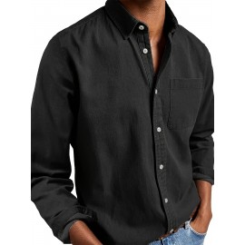 Camisa Casual Masculina de Manga Longa Sem Rugas, Leve e Estilosa com Bolsos em Cor Sólida