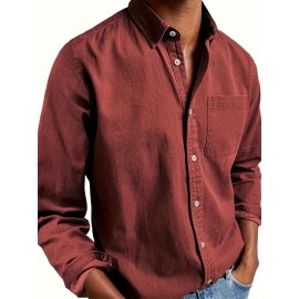 Camisa Casual Masculina de Manga Longa Sem Rugas, Leve e Estilosa com Bolsos em Cor Sólida