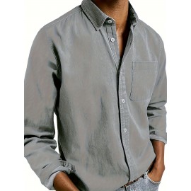 Camisa Casual Masculina de Manga Longa Sem Rugas, Leve e Estilosa com Bolsos em Cor Sólida