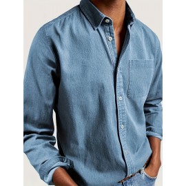 Camisa Casual Masculina de Manga Longa Sem Rugas, Leve e Estilosa com Bolsos em Cor Sólida